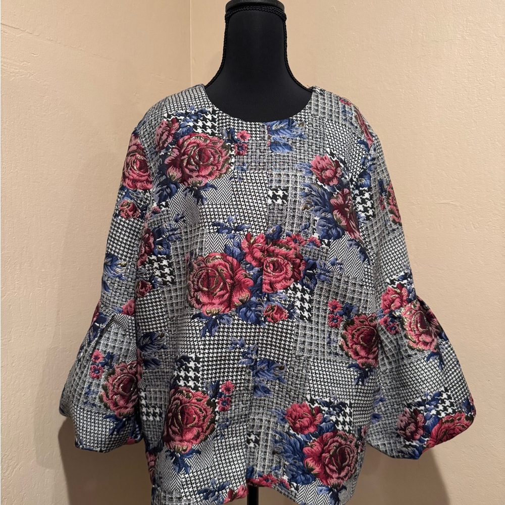 Alfani Glamorous Pink Floral Plaid Bell-Sleeve Jacket/Top with Shimmer - Picture 3 of 7
